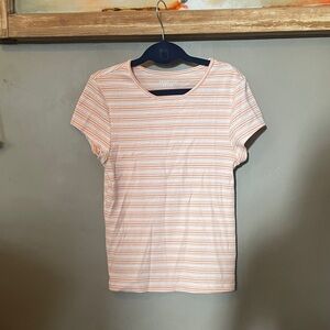 American Eagle Women’s Orange and White Striped Short Sleeve Fitted Tee
